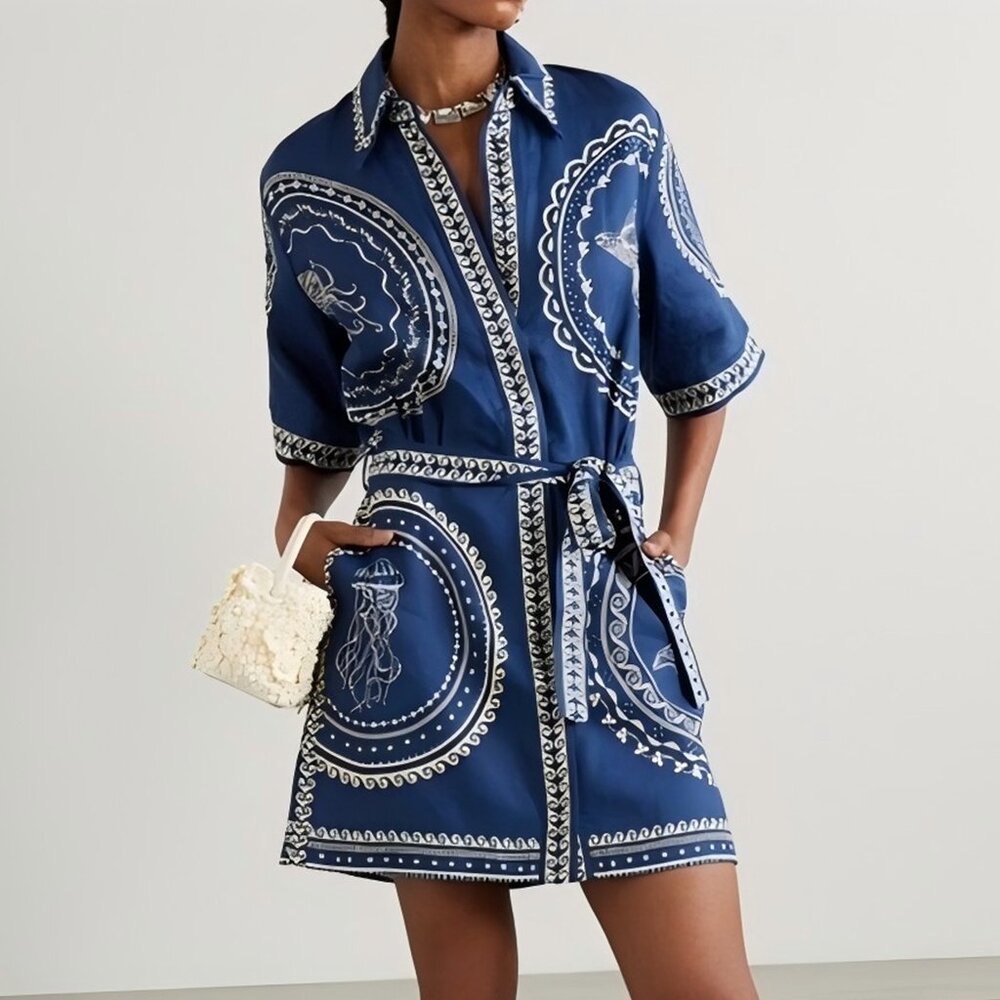 Alemais Oceane Blue and White Mini Dress